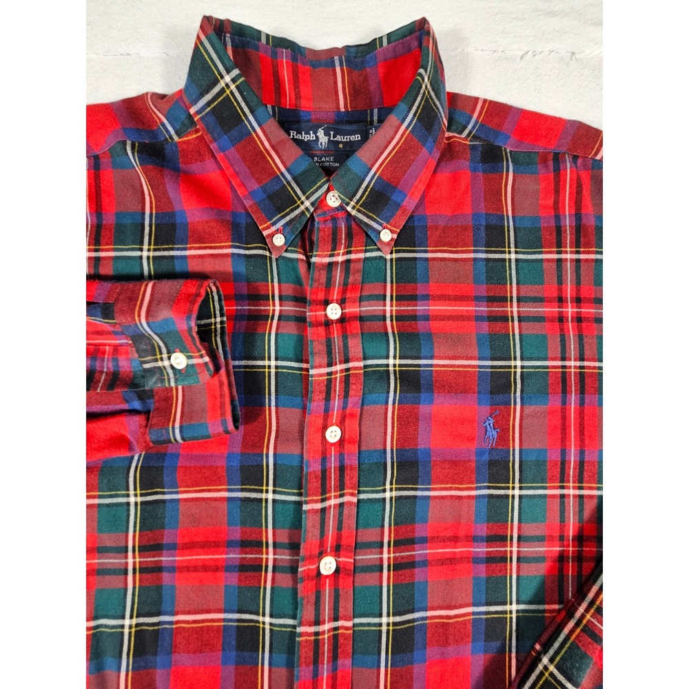 Ralph Lauren Blake Shirt Mens XL Red‎ Green Plaid Cotton Button Down Long Sleeve